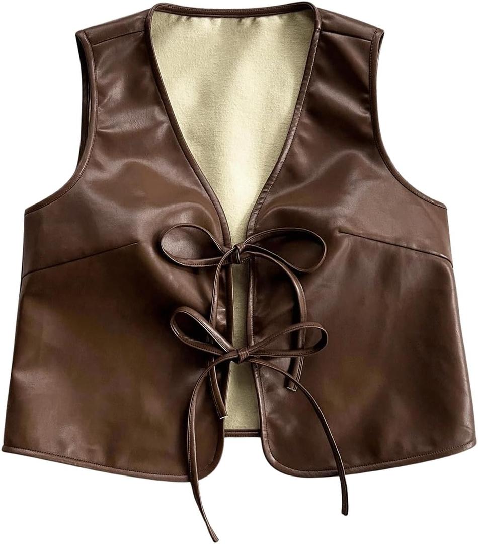 Verdusa Women's Western Leather Vest Bow Tie Front V Neck Sleeveless Lightweight Jacket Outerwear (Large, Brown)