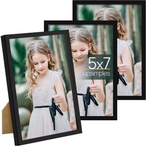 upsimples 5x7 Picture Frame Set of 3, Made of High Definition Glass for 5 x 7 Black Frames, Wall and Tabletop Display Thin Border Photo Frame for Home Dcor