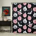 Cute Halloween Fabric Shower Curtain Aesthetic Funky Bathroom Decorations, Colorful Fun Scary Jack Pumpkins Bats Witch Hats Gothic Halloween Fall Girls Kids Shower Curtain Set with Hooks (Black)