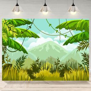 5x3ft Safari Backdrop Cartoon Jungle Green Spring Forest Photography Background Safari Themed Birthday Party Banner Decorations Baby Shower Kids Portrait Photo Booth Props