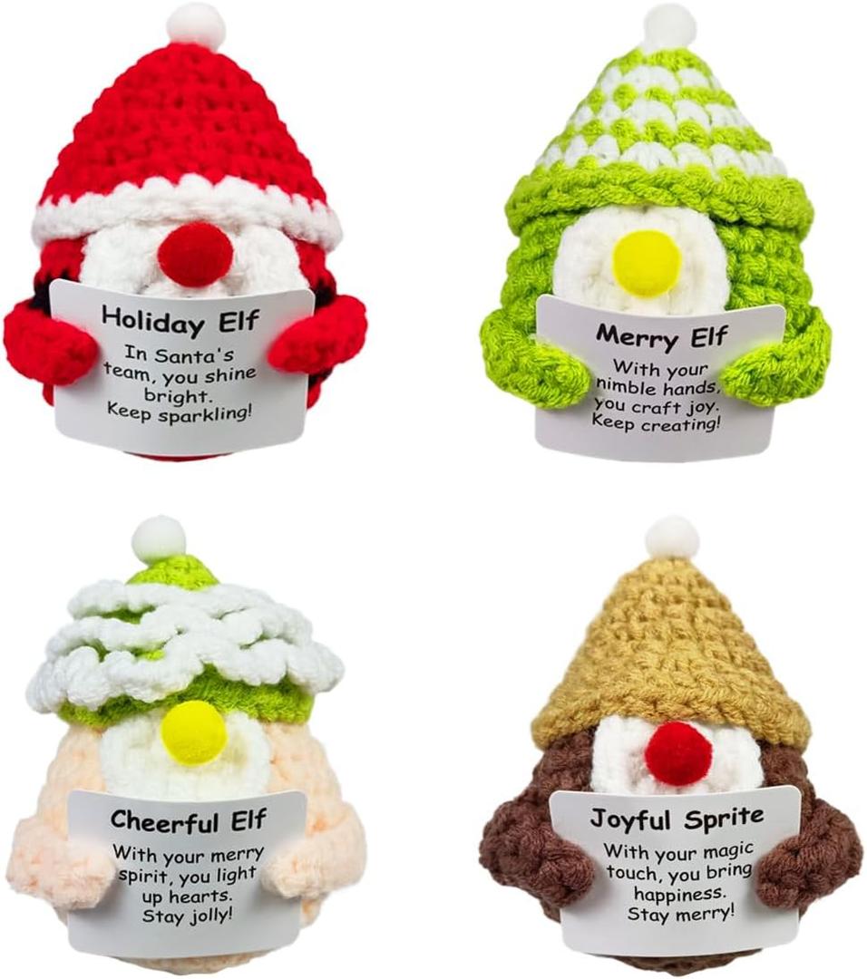 4 Pack Christmas Gnomes Knitted Wool Toys with Positive Card for Christmas Stocking Stuffers Gifts