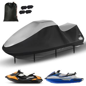 Jet Ski Cover, Durable 420D Jetski Covers 2 3 Seater Waterproof, UV Resistant Jetski Cover with 2 Air Vents, 4 Windproof Buckles, All Weather Universal Cover for Yamaha Seadoo (121"-135") (Silver-Black)