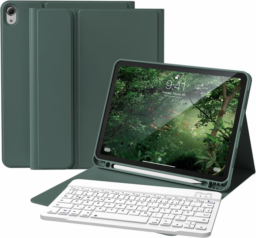 Zoyu Keyboard Case for iPad (A16) 11th Gen 11 Inch 2025, iPad 10th Generation 10.9 inch 2022 with Pencil Holder, Wireless Keyboard and Slim Lightweight Soft Cover Auto Wake/ Sleep, Dark Green