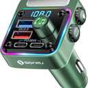 Bluetooth 5.3 FM Transmitter Car Adapter - SONRU Car Charger 54W [PD 36W & QC3.0 18W], Wireless FM Radio Transmitter [HiFi Treble & Bass Player], 5 Colors LED Backlit, Hands-Free Calling, U-Disk (Green)
