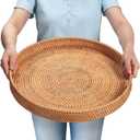 Rattan Large Serving Tray, Wicker Round Fruit/Bread Serving Basket, Extra Large Decorative Ottoman Tray for Living Room, Coffee Table, Breakfast, 16.9 inch