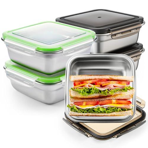 Blushtier 4 Pack Stainless Steel Sandwich Containers with Lids 25.4 oz Metal Food Container for Lunch Boxes with Airtight Silicone Seal for Sandwiches and Snacks (Black, Green)
