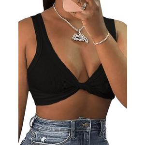MakeMeChic Women's Crop Tank Top Ribbed Twist Front Sexy Cute Going Out Tops , Large, Black