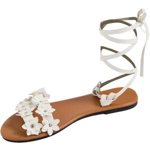 GORGLITTER Women's Flower Lace Up Sandals Floral Open Toe Strappy Tie Up Flat Sandals (9, White)