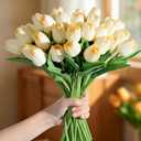 20Pcs Stems 13.5 Inch Champagne PU Artificial Moisturizing Tulips, Faux Tulips Flowers for Thanksgiving Christmas Decorations Wedding Home Table Vase Floral Arrangements
