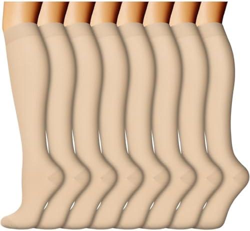 ACTINPUT 8 Pairs Compression Socks for Women & Men,Support Compression Stockings for Medical Running Athletic, 07 - Nude, S/M