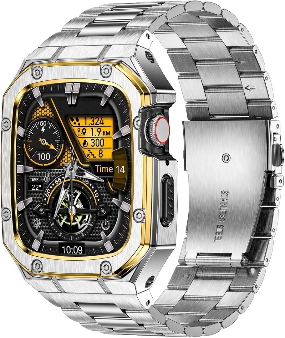 BAITEYOU Stainless Steel Band with Case Compatible with Apple Watch Series SE 3 2 1/6 5 4 (40mm) Series 9 8 7 3 2 1 (41mm 38mm), Metal Protective Bumper Cover for iWatch Bands Men (Silver/Gold)