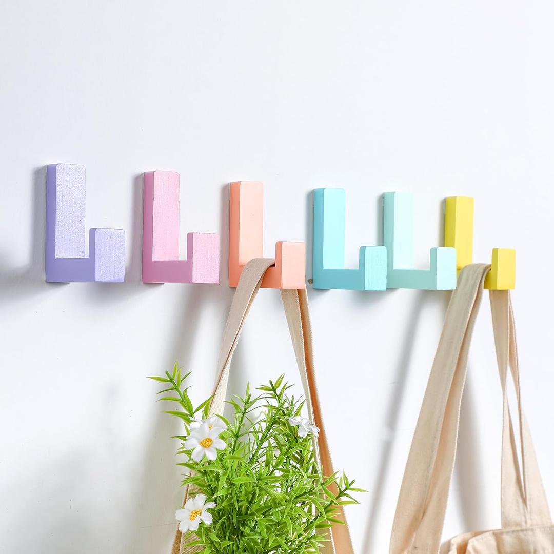6 Pack Cute Kids Coat Wall Hooks Wooden Decorative Adhesive Colored Nordic Style Wall Mounted Heavy Duty Hooks for Keys Hat Coat Shower Curtain Playroom Bathroom Decor(Pastel)