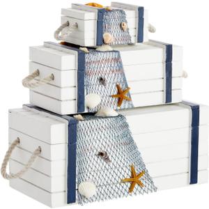 Juvale Nautical Wooden Jewelry Box Set - Navy Blue & White Jewelry Storage & Nautical Decor Boxes with Lids - Coastal Decor Table Centerpiece