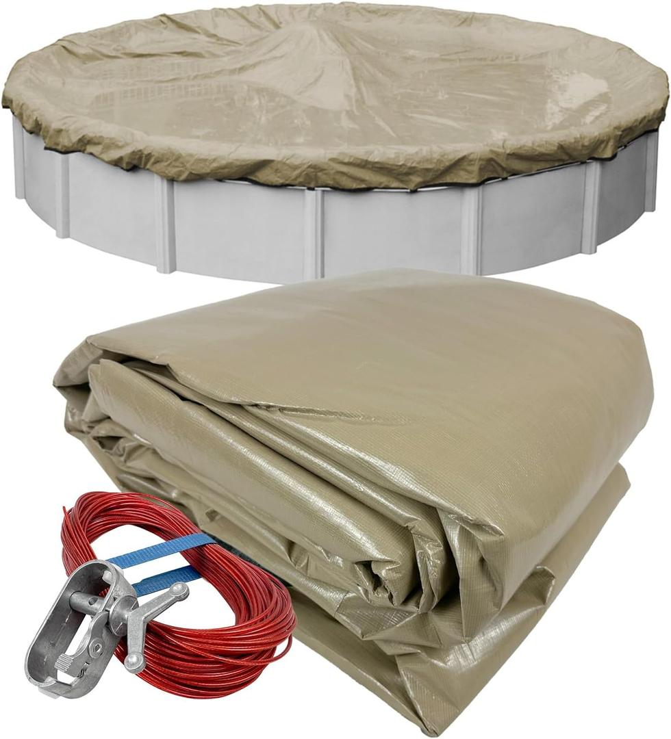 Robelle 30 ft Premium Tan Winter Pool Cover for Above Ground Pools, 4 ft Overlap (34 ft Cover Size), Solid 14 x 14 Scrim, 5.2 oz/yd2, Style: 3130-4A