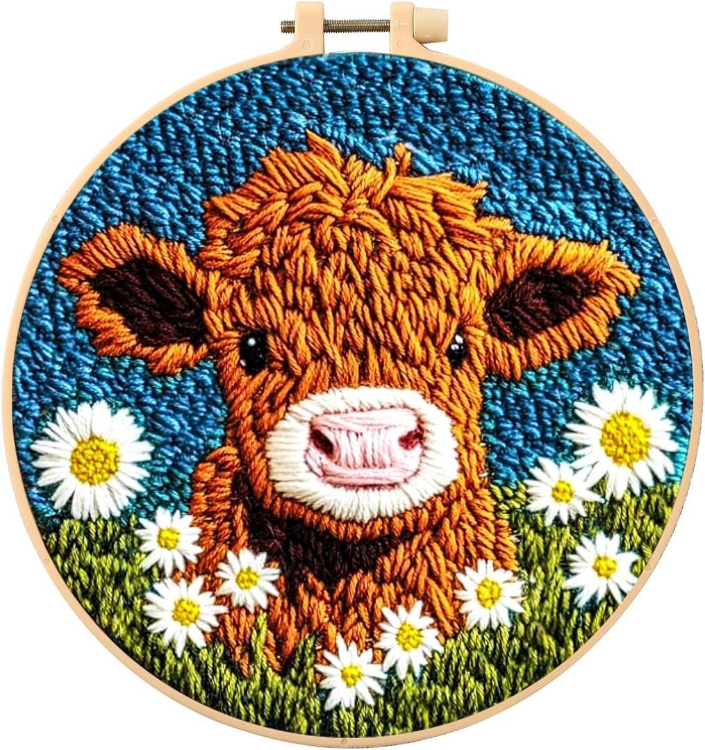 SmoothNovelty Cow DIY Punch Needle Kits for Beginners with Hoop Embroidery Fabric Instructions Thread Punch Needle Craft Set Easy for Starter Adults and Children Gift Decoration, 20x20cm-4