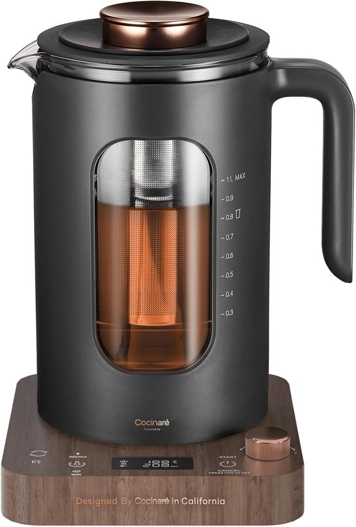 Electric Tea Kettle, INTASTING Glass Electric Kettle with tea Infuser and Precise knob temperature control, 1200W Fast Heating, BPA-Free, Easy to Clean, 1 Liter (Wood)