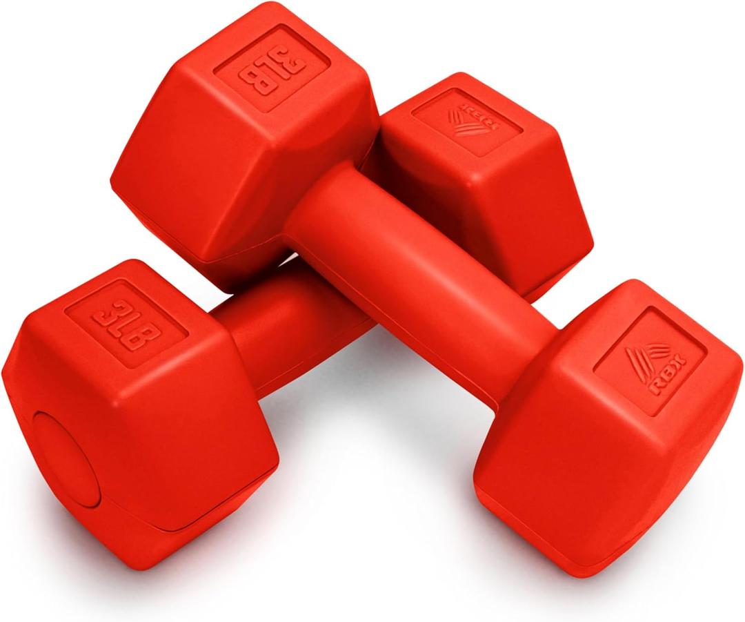 RBX Vinyl Coated Hand Weight Dumbbell Set - Hex Shaped, Roll Free for Body Building/Sculpting/Strength Training Exercise, (Set of 2) (3lb, Red)