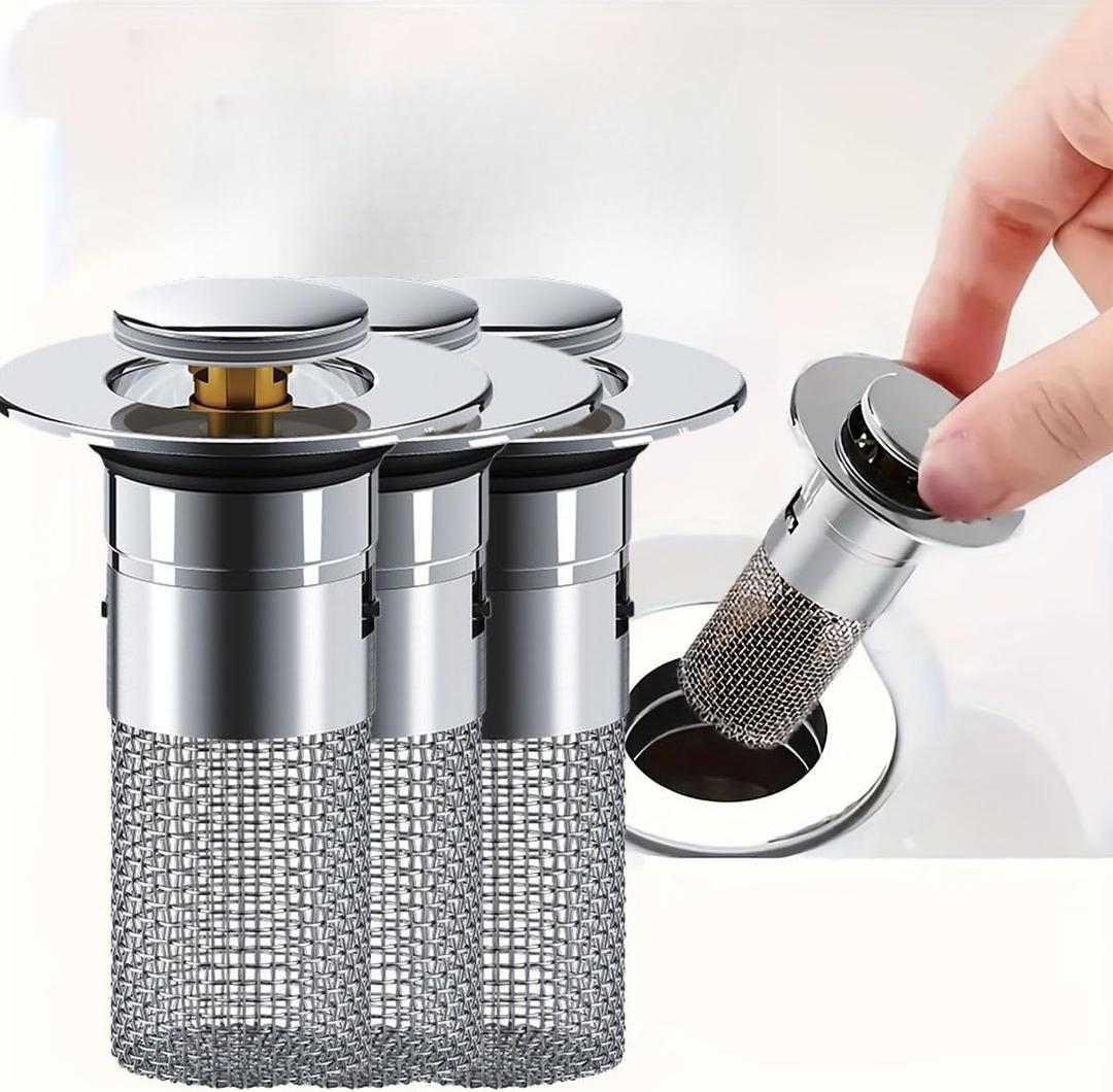 3 Pack Bathroom Sink Drain Strainer - Pop Up Stopper with Stainless Steel Hair Catcher Filter Basket