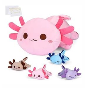 5 Pieces Axolotl Stuffed Animals,1 Big Pink Mommy with 4 Mini Babies, Soft Plush Toys for Kids Ages 3 and Up,Great Mother's Day for Toddler, Girls, Boys