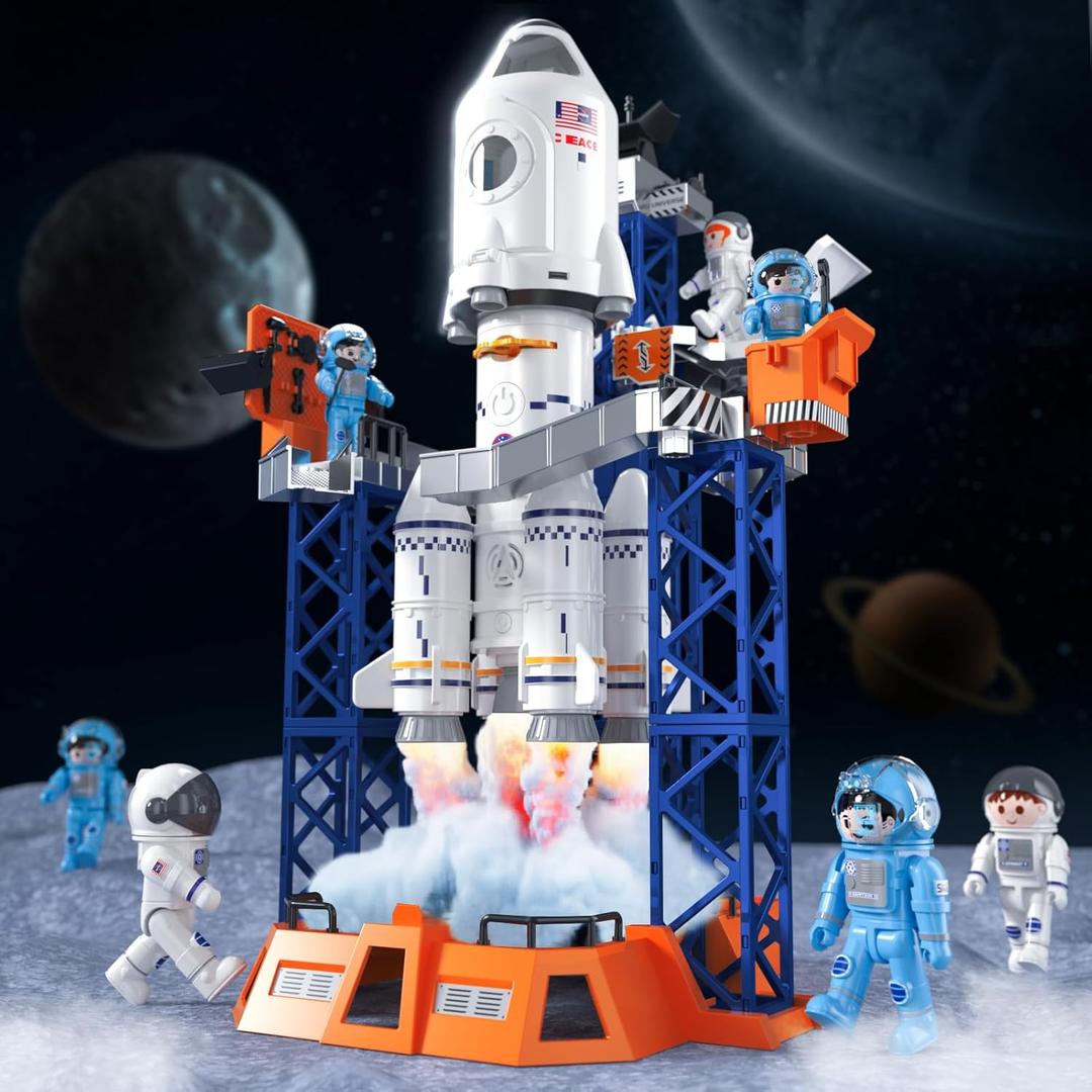 Rocket Launcher Space Shuttle Toys for Kids Boys Age 3 4 5 6 7 8 9 Years Old, 2-in-1 STEM Building Aerospace Toys with Rocket Launcher for Indoor Outdoor, Rocket Spaceship Birthday Gift for Boys Girls