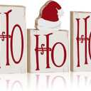 Thyle 4 Pieces Christmas Ho Ho Tabletop Decoration Wood Glitter Christmas Blocks Xmas Wooden Table Sign Holiday Xmas Dinner Party Decor (White with Red Letters)
