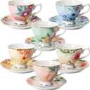 BTaT- Floral Tea Cups and Saucers Set of 6 (8 oz), Porcelain Tea Cups Set of 6, Pastel Flower Garden Design with Gold Trim, Mother's Day Gift