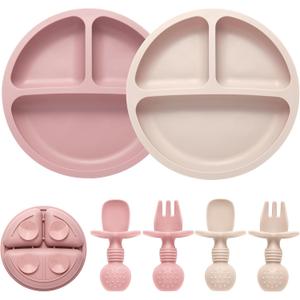 Eascrozn Silicone Feeding Set, 2 Pack Divided Toddler Plates with Suction, 2 Pack Utensils - Spoons & Forks, BPA Free, Baby Led Weaning Supplies (Pink)