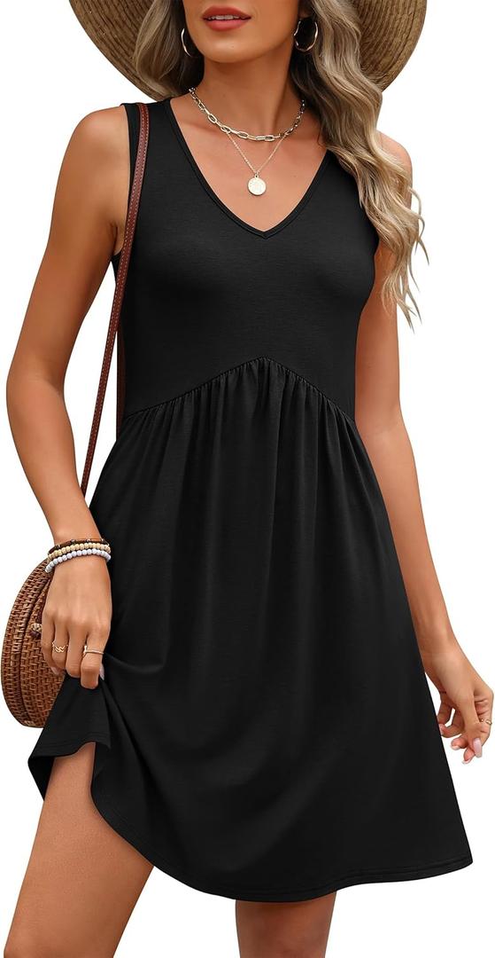 ANRABESS Dresses for Women Beach Vacation Clothes V Neck Sleeveless Loose Flowy A-Line Dress Summer Casual Short Sundress (Medium)