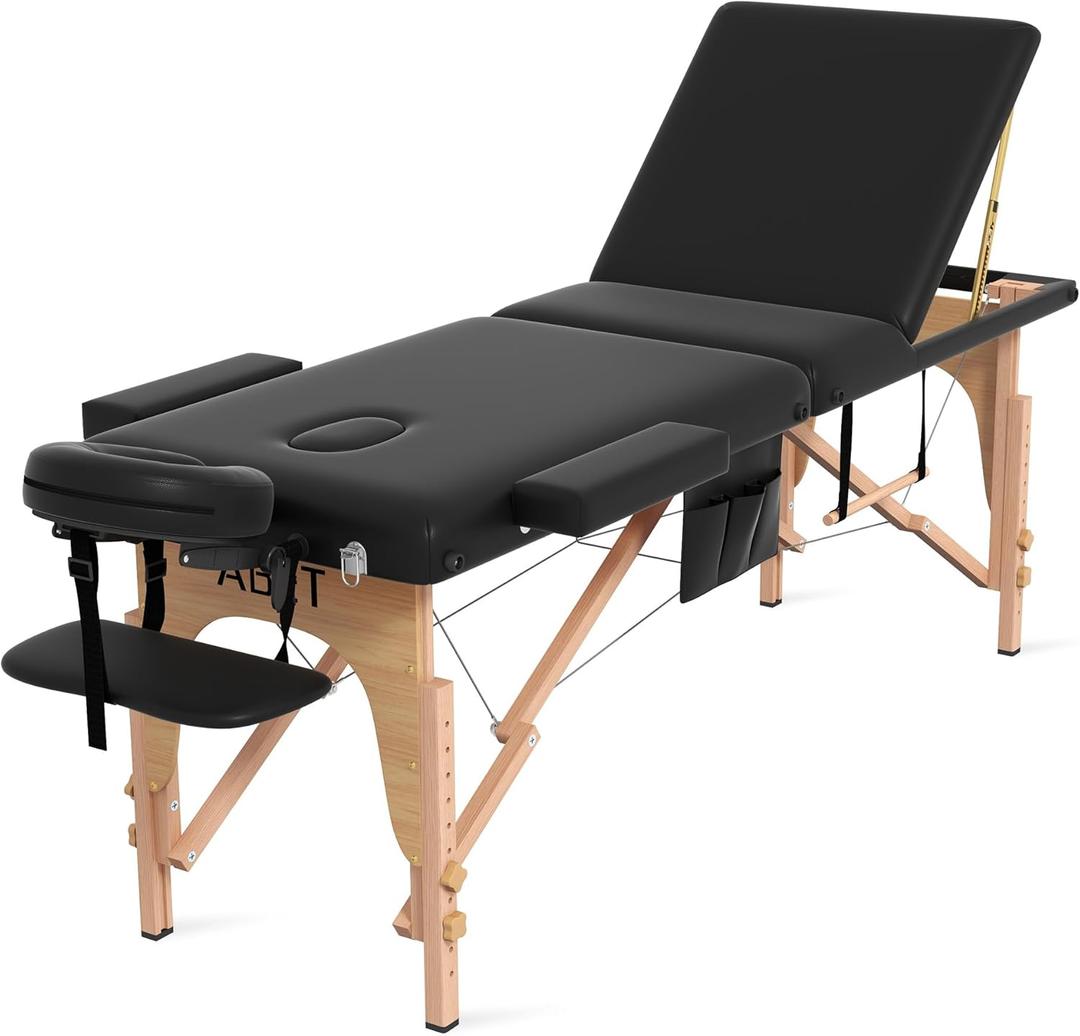 ABET Massage Table, 3 Fold Portable Lash Bed for Eyelash Extensions, Height Adjustable Lightweight Professional Facial Spa Beauty Salon Tattoo Table with Oil Pocket Towel Rod, Wood Feet & Black