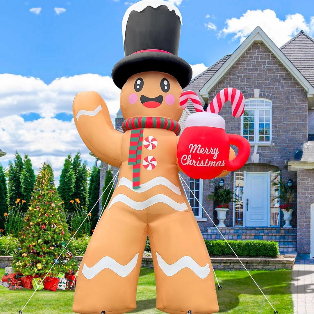 2025 Huge Christmas Inflatable Gingerbread 14FT Giant Gingerbread Man with Mug Christmas Inflatables Outdoor Decoration Xmas Big Blow Up Yard Decor with Built-in 7 LED for Yard Garden Lawn