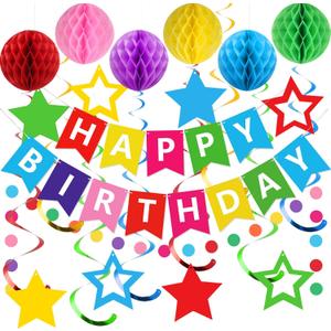 meowtastic Birthday Decorations, Happy Birthday Banner with Honeycomb Balls, Stars Hanging Swirls Streamers, Circle Dots Garland, Happy Birthday Party Decorations for Women Men Boys Girls (Rainbow)
