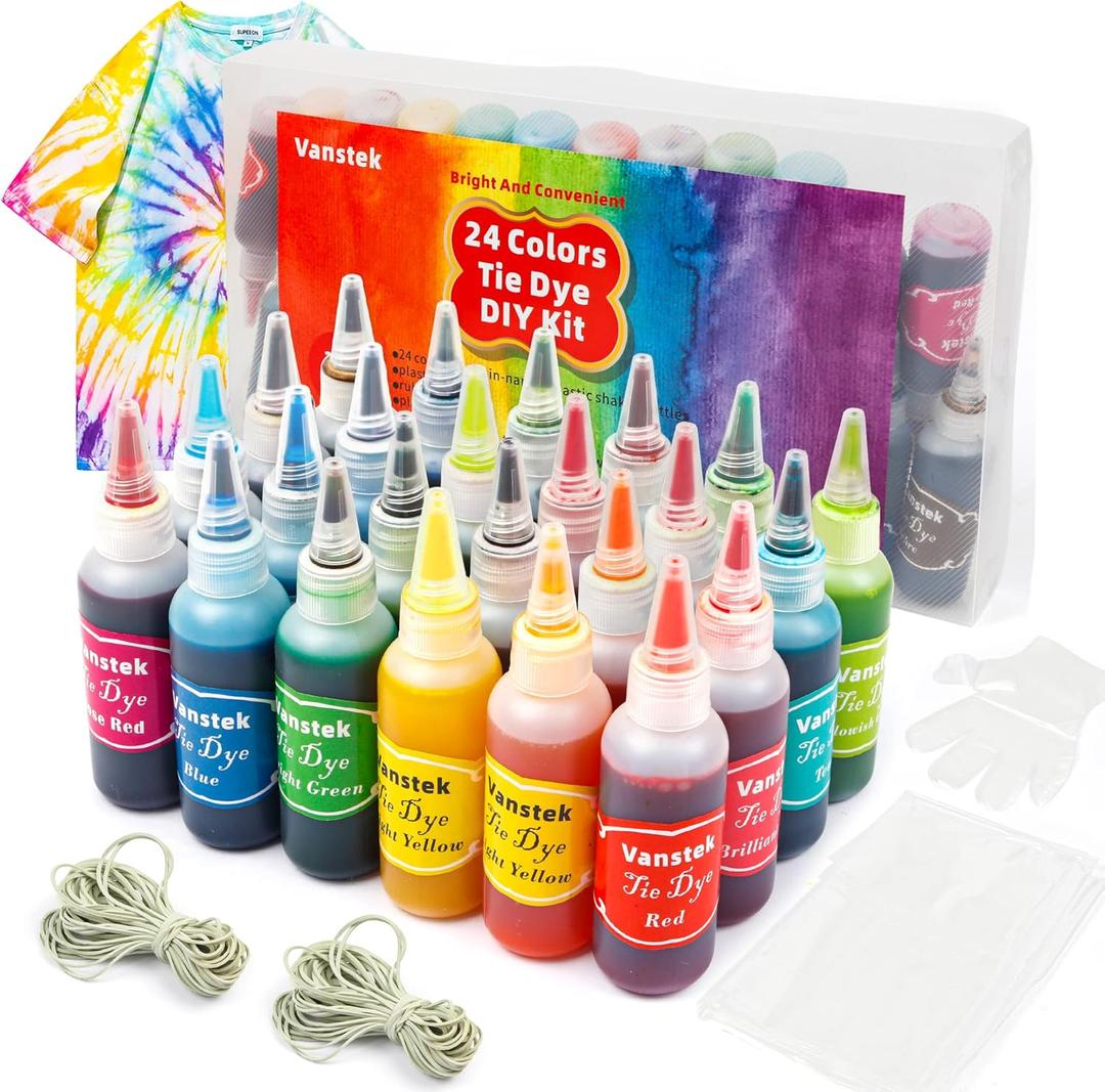 Vanstek Tie Dye Kit, 24 Colors Tie Dye Shirt DIY Fabric Dye for Women, Kids, Men, with Rubber Bands, Gloves, Plastic Film and Table Covers for Family Friends Group Party Supplies