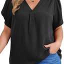 Women's Plus Size Casual Blouses Solid Business Work Tops Petal Short Sleeve V Neck Loose Fit T Shirt Summer Trendy 2025 3XL