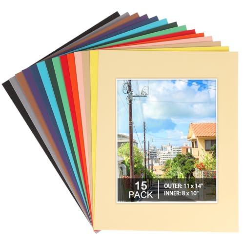 Prudiut 15 Pack 11x14 Picture Mats, Mixed Colors Frame Mattes for 8 x10 Pictures Photo Frame Mat Core Bevel Cut Mat Board Show Kit for Photos, Prints, Artworks