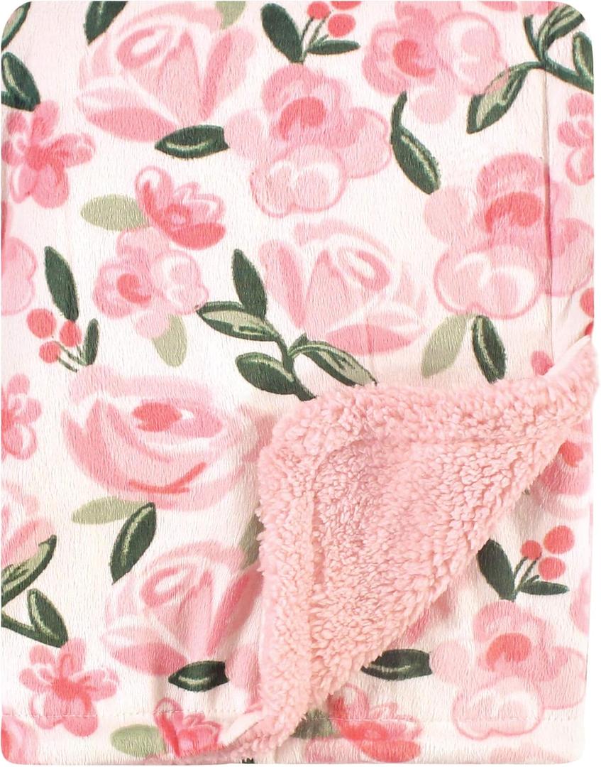 Hudson Baby Unisex Baby Plush Mink and Sherpa Blanket, Green Floral, One Size