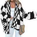 BTFBM Casual Cardigan Sweater for Women Fall 2026 Long Sleeve Open Front Chunky Knit Sweaters Checkered Outwear Coat (Large, Black)
