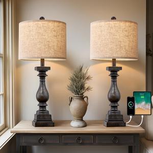 BOBOMOMO 27" Farmhouse Table Lamp Set of 2 with USB A+C for Bedroom Living Room Vintage Rustic Traditional Nightstand Bedside Lamps Retro Side Table Lamps (Black) (2 Pack Rotary Switch-Black)