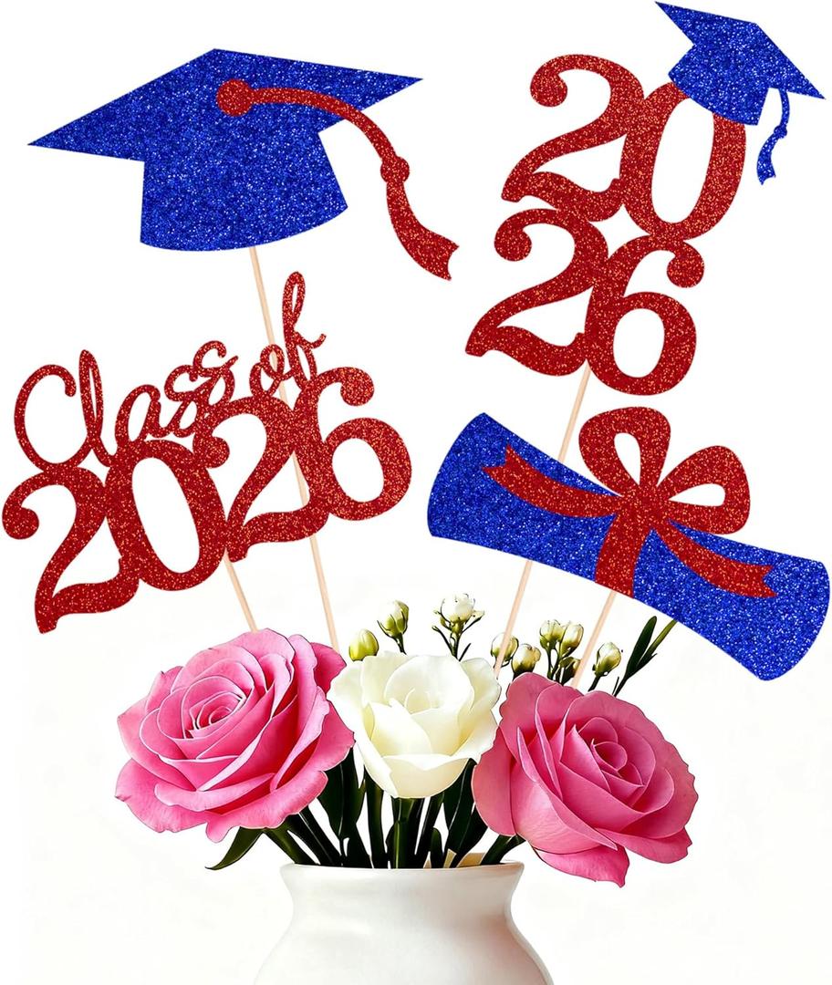 Double-sided 16 PCS Graduation Cake Toppers Red Blue Class of 2026 Centerpieces Picks for Graduation Theme Party Decorations Supply