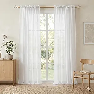 RYB HOME White Sheer Curtains Linen Texture Window Panels, Semi Sheer Light Filetring Rod Pocket & Back Tab Drapes for Bedroom, 52 x 84 inches, Pack of 2