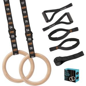 Vulken Wooden Gymnastic Rings with Adjustable Numbered Straps. 1.1'' Olympic Rings for Core Workout and Bodyweight Training. Home Gym Rings 1600lbs with Workout Handles