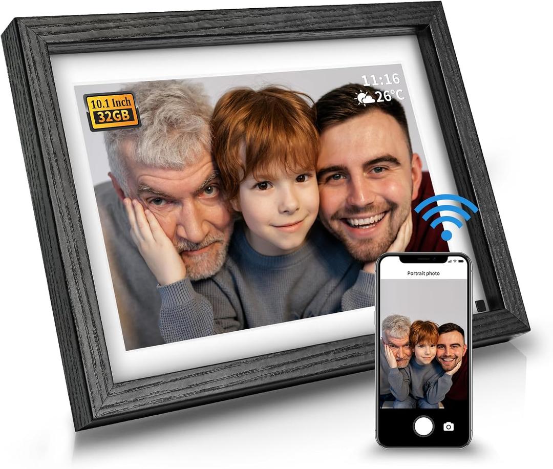 Digital Picture Frame 32G WiFi - 10 inch Digital Photo Frame with Motion Sensor. Free App Share Photos and Videos with Touch Screen and Delicate Wood Frame by FLYAMAPIRIT