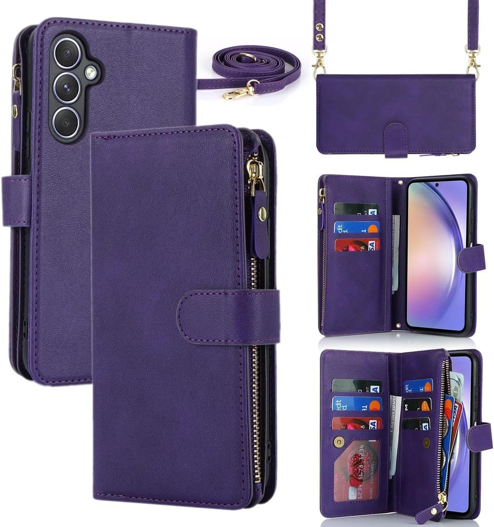 iCoverCase for Samsung Galaxy A54 5G Wallet Case with Card Holder for Women, Crossbody Lanyard Strap Kickstand PU Leather Case with Zipper Pocket Credit Card Slots Cover (Purple)