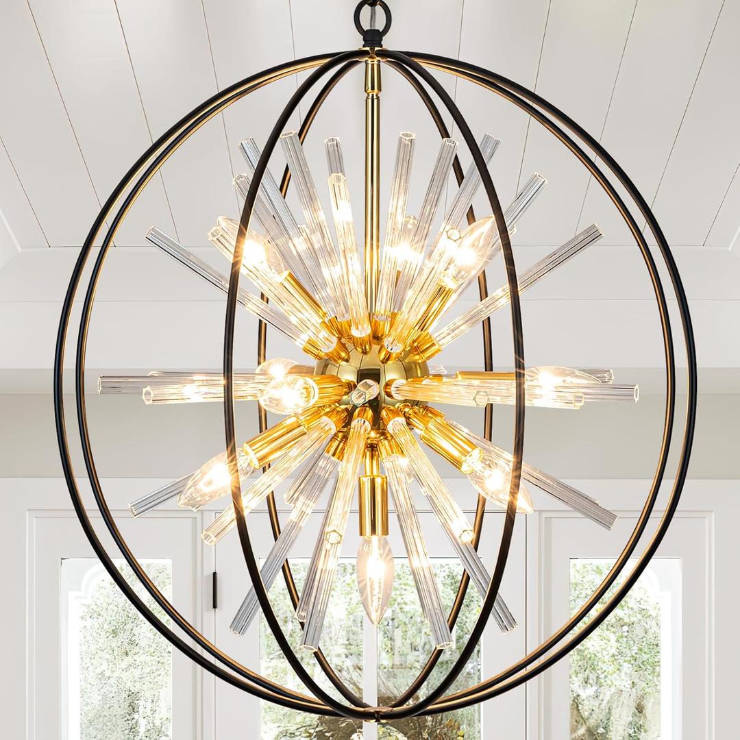 Vezzio 22 Inch Black and Gold Chandelier Modern Chandeliers for Living Room 10-Light Globe Sputnik Chandelier Round Hanging Chandelier for Foyer Entryway Stairway Kitchen Island