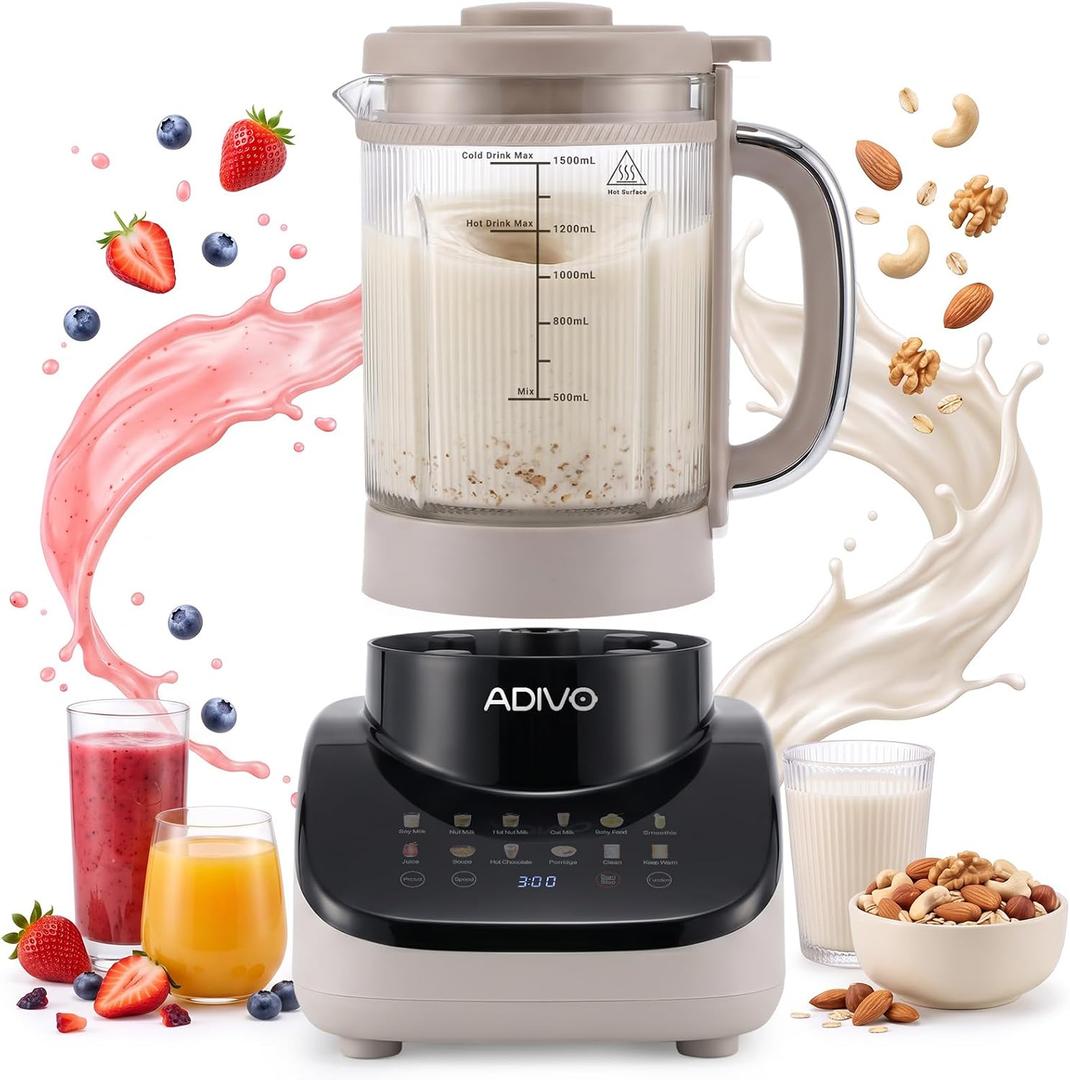 ADIVO 12-in-1 Nut Milk Maker Machine, 50.7 oz Soy Milk Maker, No Soak