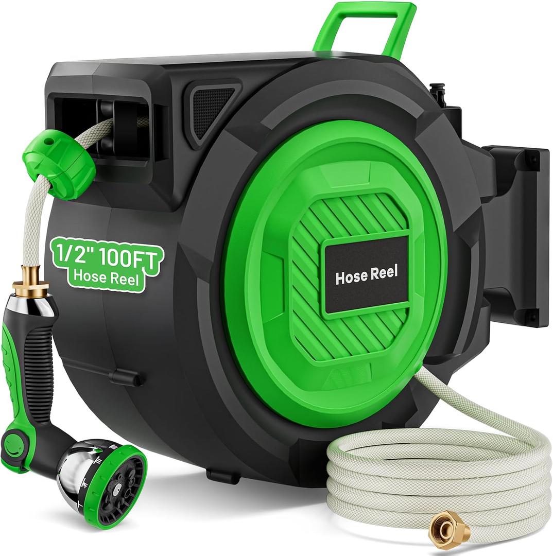 Retractable Garden Hose Reel, 1/2 in x 100 ft Automatic Slow Rewind System & Any Length Lock, Heavy Duty Wall-Mounted Hose Reel with 180° Swivel Bracket,10-Pattern Nozzle for outside Watering,Cleaning