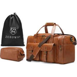 Zeroway PU Leather Travel Duffel Bag with Toiletry Dopp Kit and Laundry Bag, Weekender Overnight bag Luggage Carry-On Bag with Shoe Pouch for Men or Women Brown (21.65"L x 9.84"W x 11.8"H)