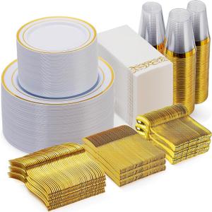 Goodluck 700 Piece Gold Dinnerware Set for 100 Guests, Disposable for Party, Include: 100 Gold Rim Dinner Plates, 100 Dessert Plates, 100 Paper Napkins, 100 Cups, 100 Plastic Silverware Set
