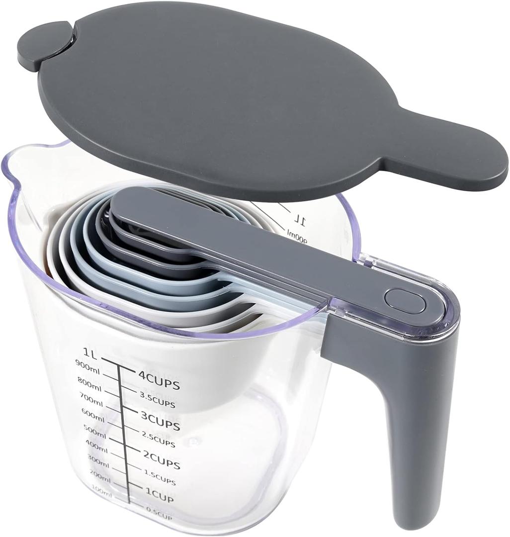 Recogwood Measuring Cups and Spoons set 10 Pieces, Stackable Measuring Cup with Lid, Kitchen Cooking Baking Measuring Spoons Set for Liquid and Dry, BPA Free, Dishwasher Safe