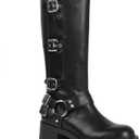 AMINUGAL Knee High Boots Women Square Toe Pull On Wide Calf Riding Fashion Buckles Chunky Metallic Casual Vintage Buckle Rivet (7)