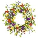 YNYLCHMX 18" Spring Summer Wreaths for Front Door, Artificial Floral Wreath with Colorful Wild Flowers Dicotyledons Berries, Green Foliage Wreath for Wall Window Farmhouse Party Holiday Home Decor